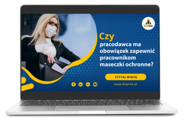 Obowiązek zapewnienia maseczek ochronnych pracownikom Młoda piękna kobieta w białej maseczce antybakteryjnej z czarną teczką ubrana casual