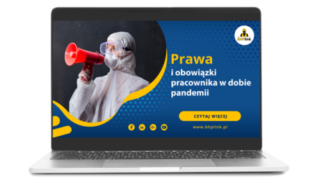 Prawa i obowiązki pracownika w dobie pandemii Covid-19 Pracownik ubrany w biały kombinezon i maskę krzyczy przez megafon