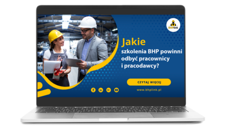 Szkolenia BHP dla pracowników i pracodawców BHPlink Kobieta i mężczyzna w kaskach BHP rozmawiają wewnątrz hali produkcyjnej