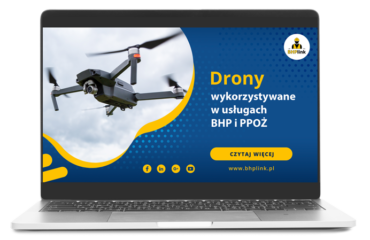 Dron w pozycji zawisu w powietrzu kontroluje stan BHP
