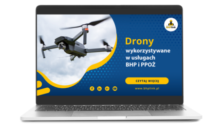 Wykorzystanie-dronow-bhp-ppoz Dron w pozycji zawisu w powietrzu kontroluje stan BHP