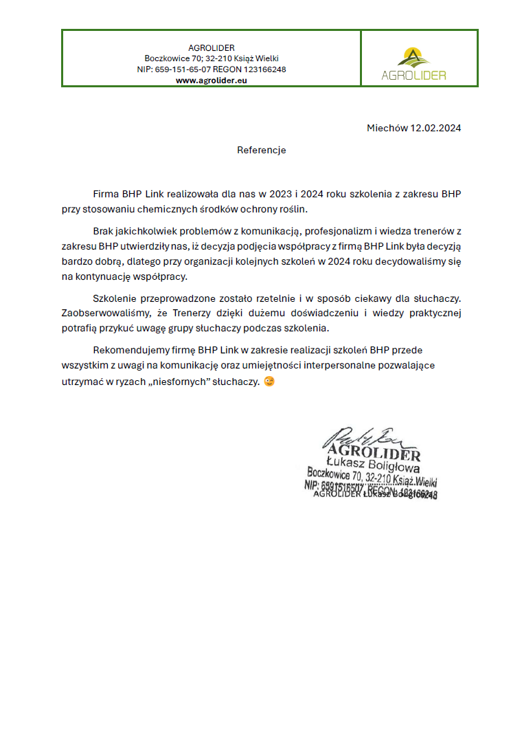 Referencje BHPlink - Agrolider Referencje firmy BHP wydane przez firmę Agrolider