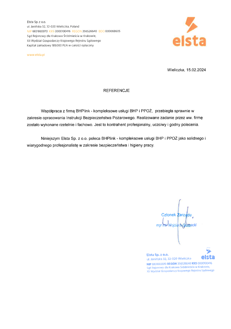 Referencje BHPlink - Elsta Referencje firmy BHP wydane przez firmę Elsta