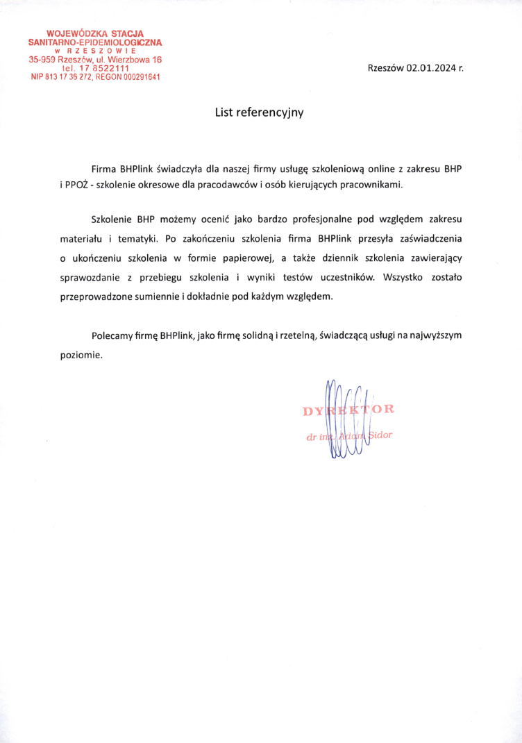 Referencje BHPlink - Sanepid Rzeszów Referencje firmy BHP wydane przez Sanepid w Rzeszowie